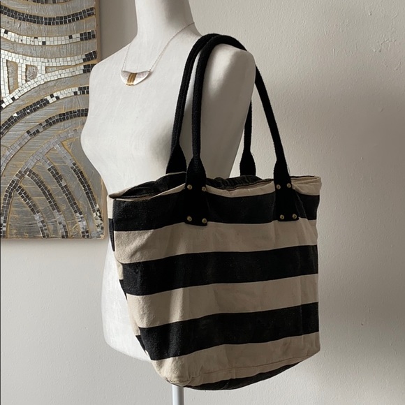 Canvas Tote Black & White Stripe Bag - Picture 1 of 6